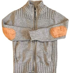 Okaidi, Gray Kids Zip Up Sweater with Tan Elbow Patches, Size 4